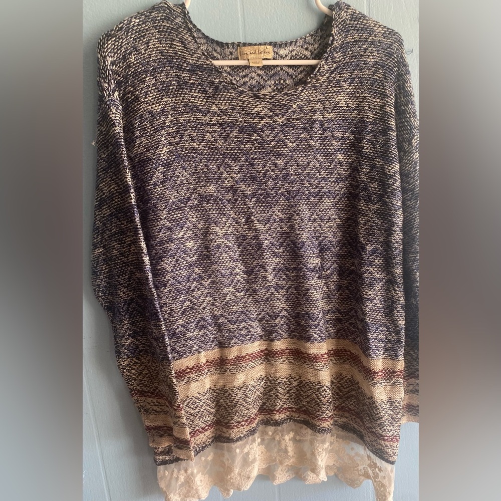 live and let live Navy & Cream Knit Sweater with Lace Hem